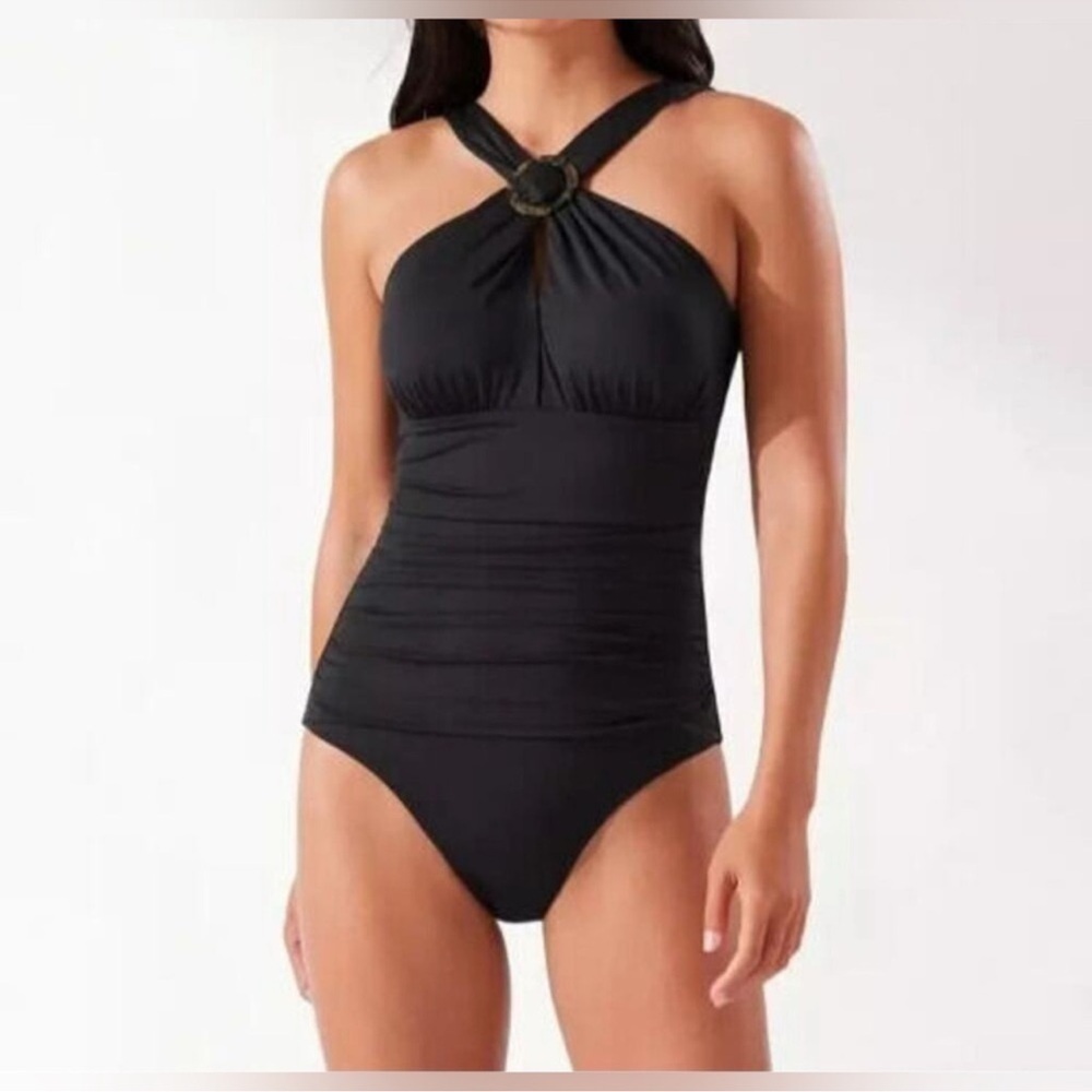 Tommy Bahama Pearl Black High-Neck Tummy control One-Piece Swimsuit luxury 8